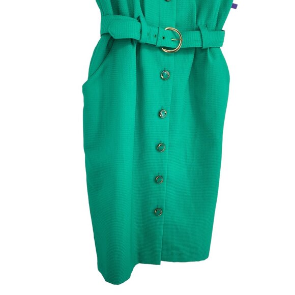 Vintage Peri Petites 80s Dress Kelly Green 14 Button Front Belted Pockets USA - Picture 5 of 12